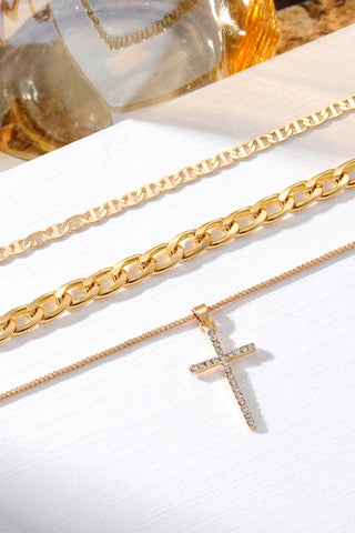 Plated Cross Pendant Multi Layer Stacked Chains Necklace: Gold / ONE SIZE