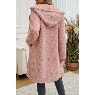 Fuzzy Fleece Hooded Button Lapel Knee Long Coat