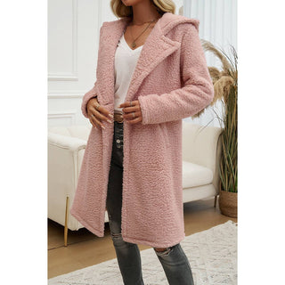 Fuzzy Fleece Hooded Button Lapel Knee-Length Coat