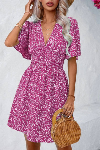 CWDSD7524_SUMMER V-NECK HIGH WAIST FLORAL PLEATED DRESS