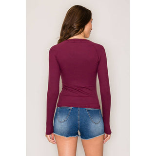 Raglan Long Sleeve V-Neck Top with Picot Stitch