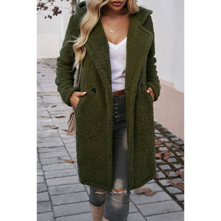 Fuzzy Fleece Hooded Button Lapel Knee-Length Coat